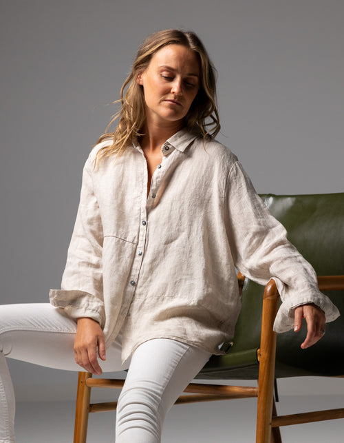 Charlie Long Sleeve Button Front Shirt in Beige Linen