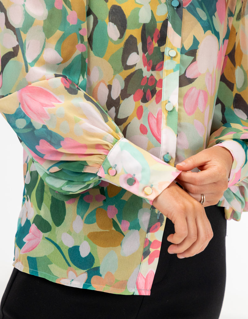 Grayson Button Front Blouse in Green Floral