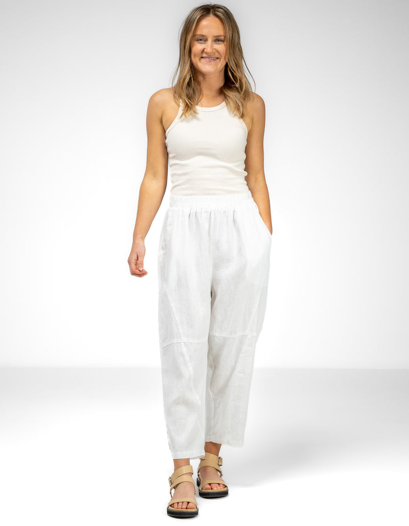 Paula Elastic Waist Soft Tapered Linen Pants in White