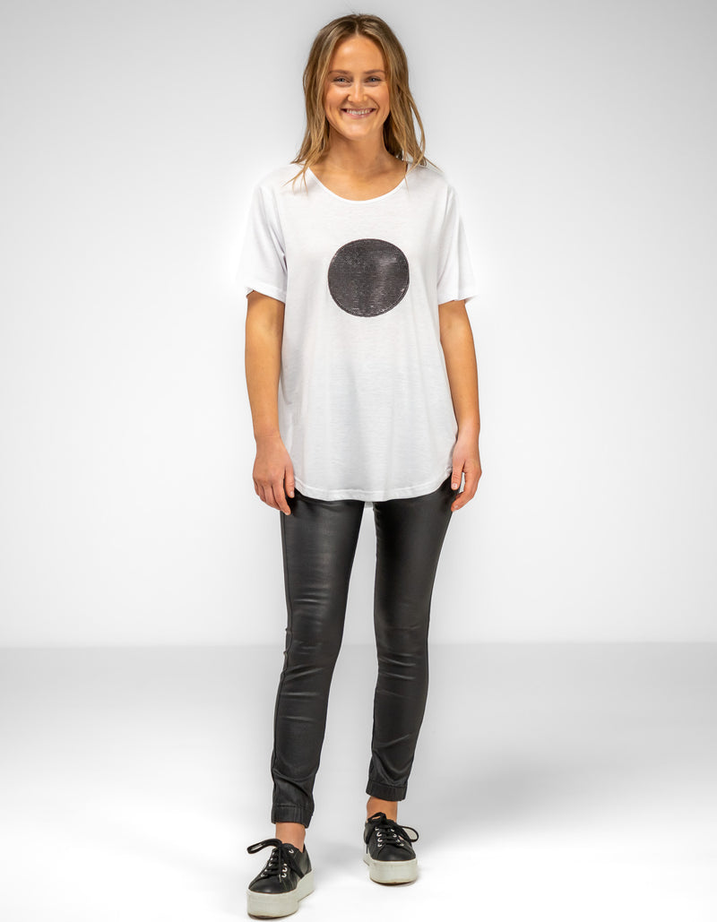 Ava Bamboo Cotton Sequin Circle Tee in White/Black
