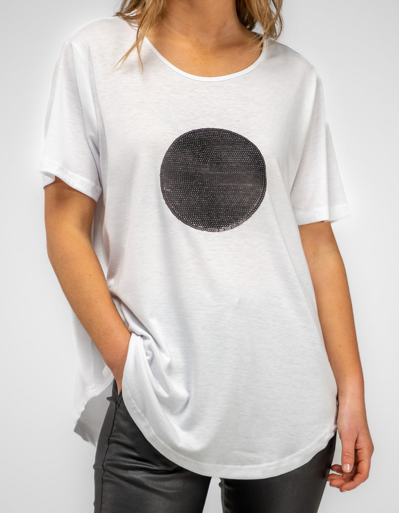 Ava Bamboo Cotton Sequin Circle Tee in White/Black