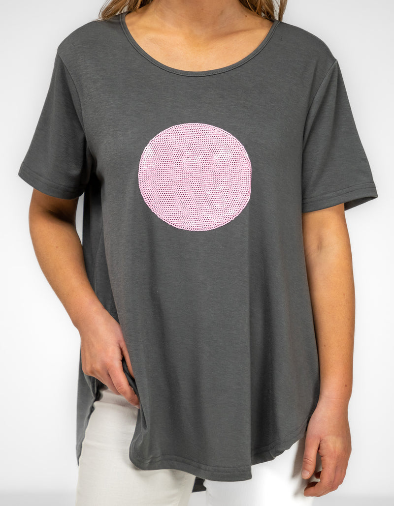 Ava Bamboo Cotton Sequin Circle Tee in Charcoal/Pink