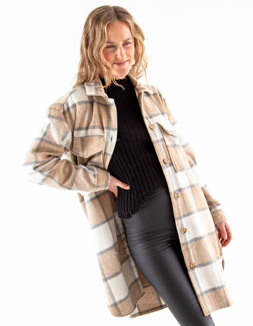 Emerson Oversized Shacket in Beige/Cream Check