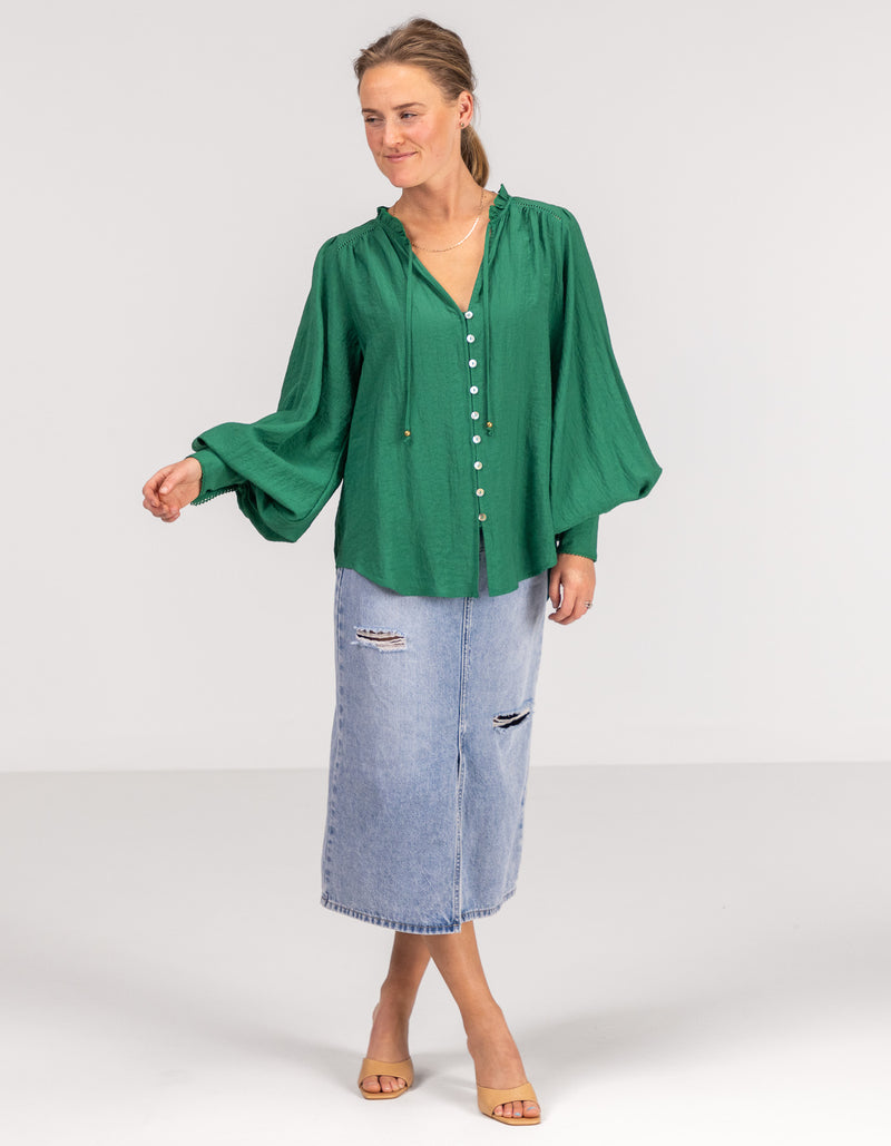 Bridget Balloon Sleeve V Neck Top in Green