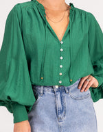 Bridget Balloon Sleeve V Neck Top in Green