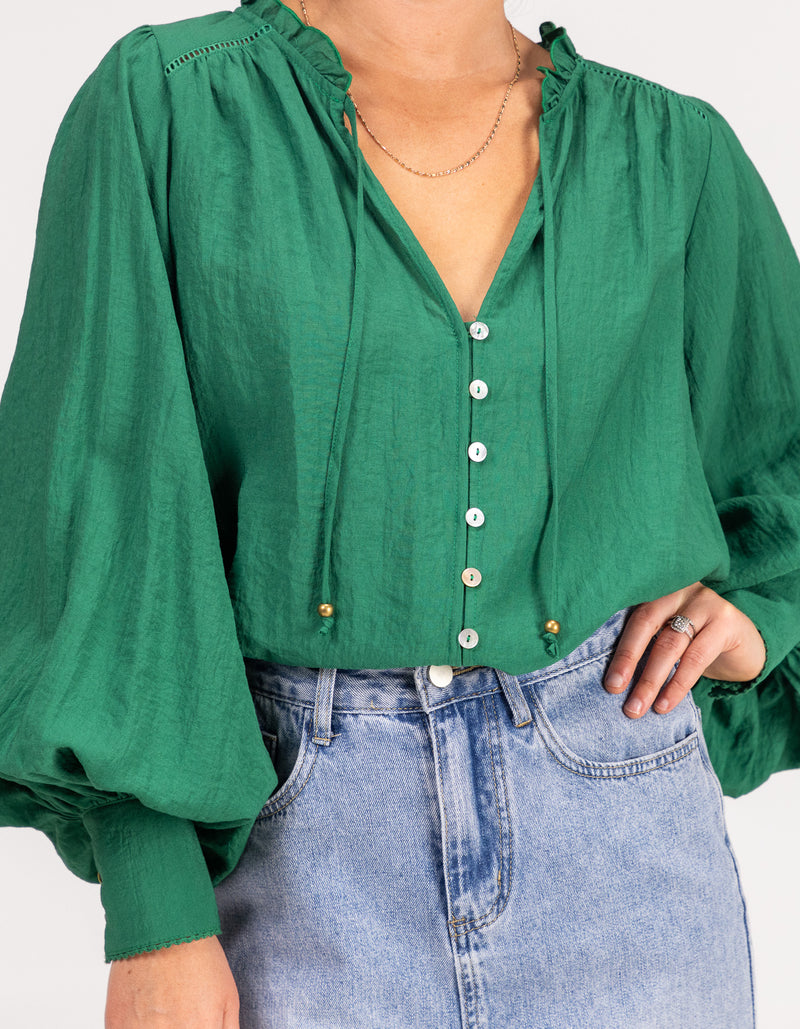 Bridget Balloon Sleeve V Neck Top in Green