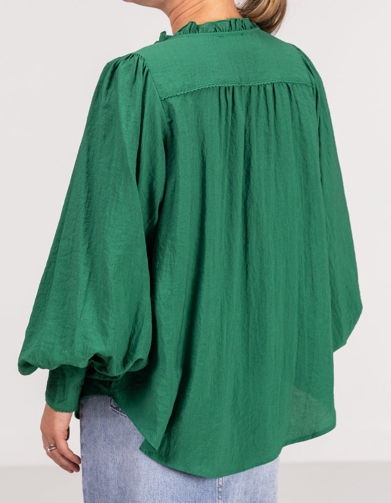 Bridget Balloon Sleeve V Neck Top in Green