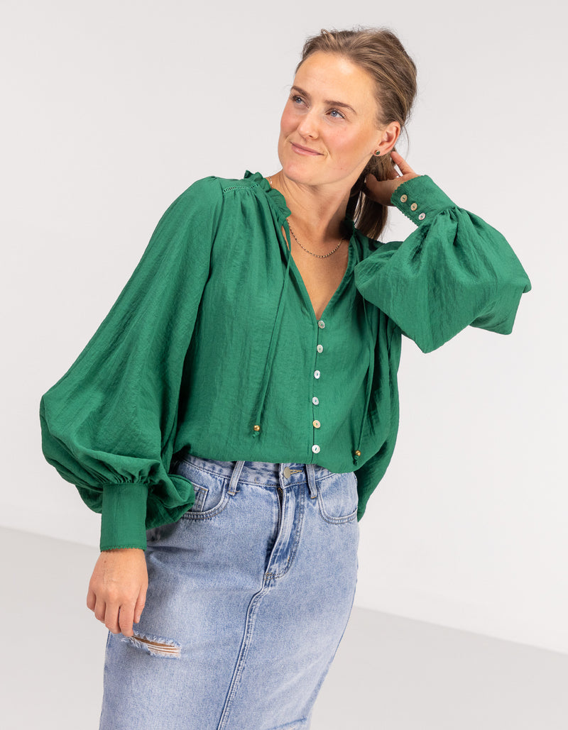 Bridget Balloon Sleeve V Neck Top in Green