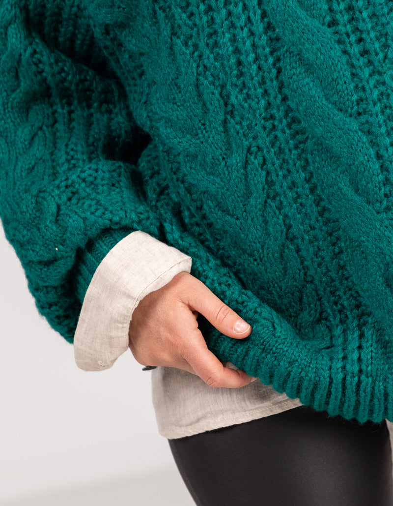 Jossy Cable Knit Jumper in Teal Green
