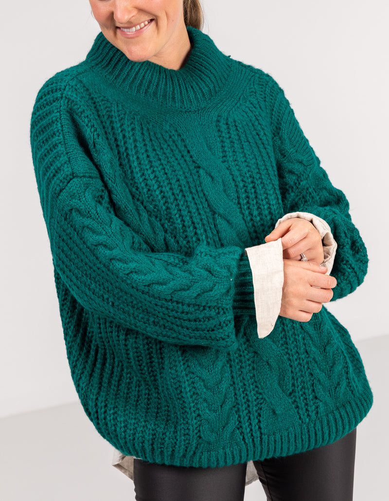 Jossy Cable Knit Jumper in Teal Green