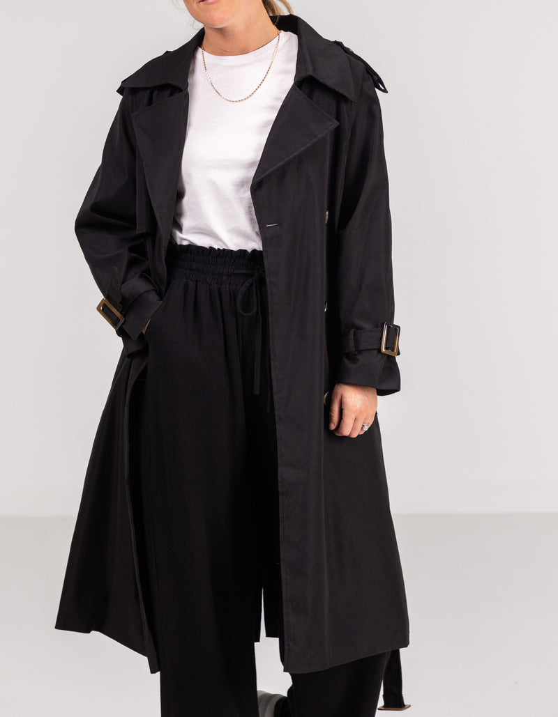 Brooke Oversized Long Trench Coat in Black