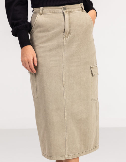 Wynn Midi Cargo Skirt in Khaki Denim