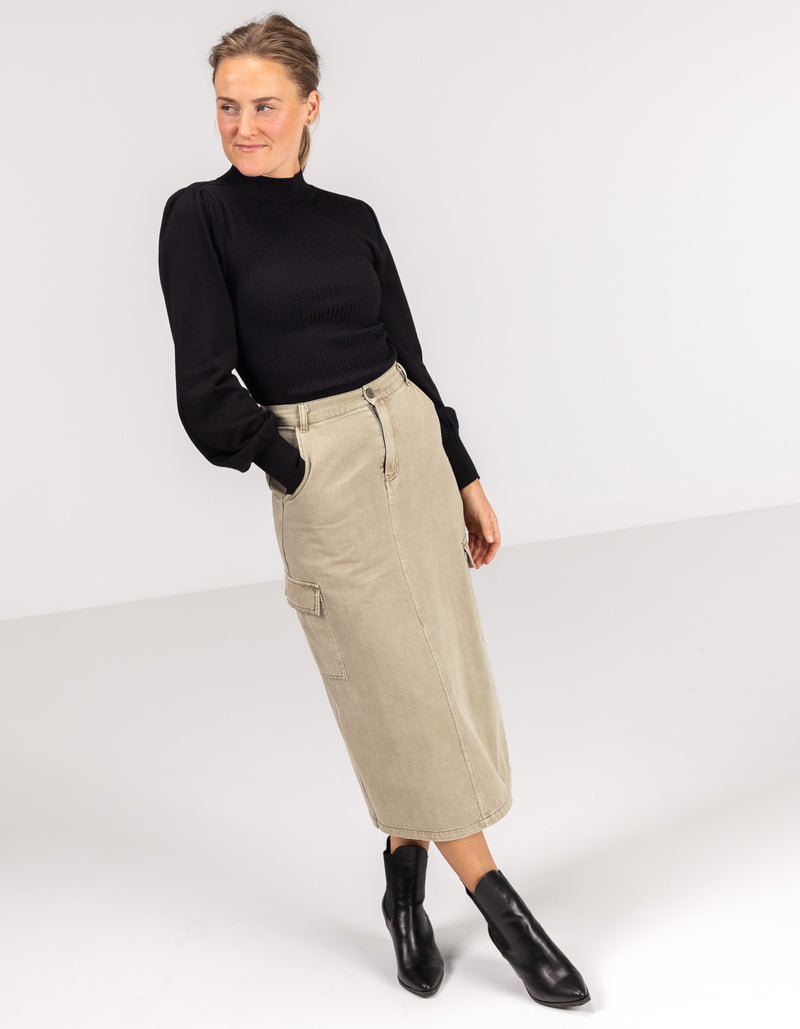 Wynn Midi Cargo Skirt in Khaki Denim