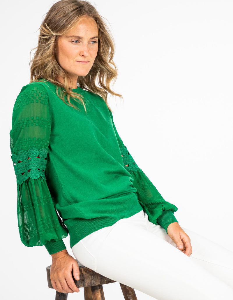 Teagan Long Sleeve Lace Sleeve Top in Emerald Green