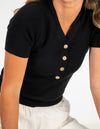 Kate V Neck Short Sleeve Rib Knit Top in Black