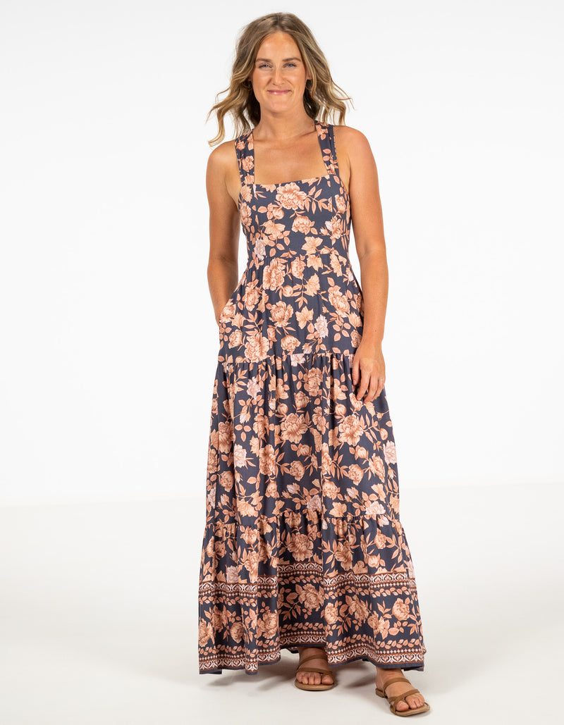 Raya Tie Back Maxi Dress in Navy/Peach Floral