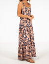 Raya Tie Back Maxi Dress in Navy/Peach Floral