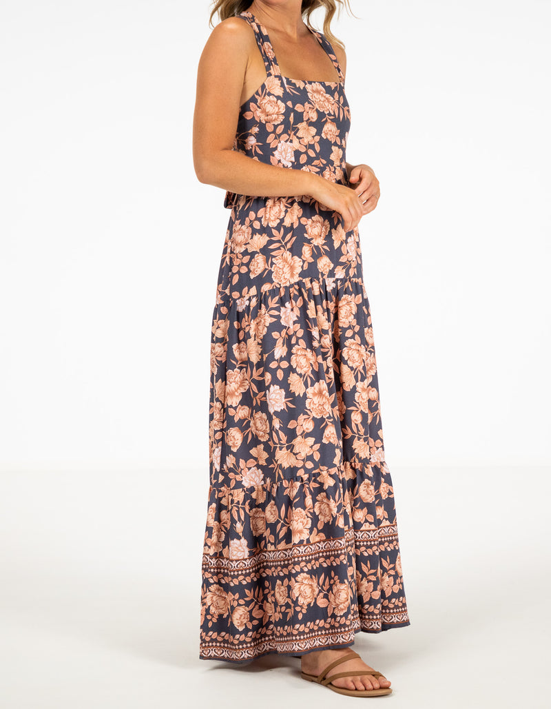 Raya Tie Back Maxi Dress in Navy/Peach Floral