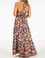 Raya Tie Back Maxi Dress in Navy/Peach Floral