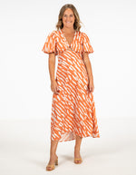 Gigi V-Neck Cut Out Midi Dress in Orange Print