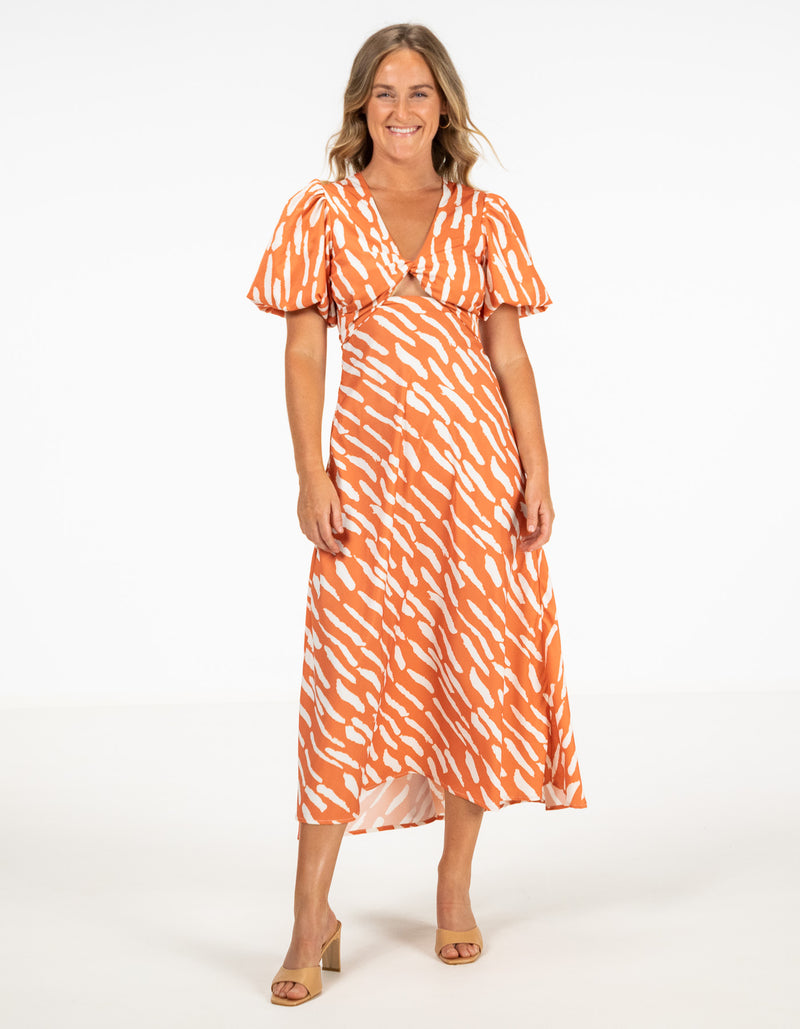 Gigi V-Neck Cut Out Midi Dress in Orange Print