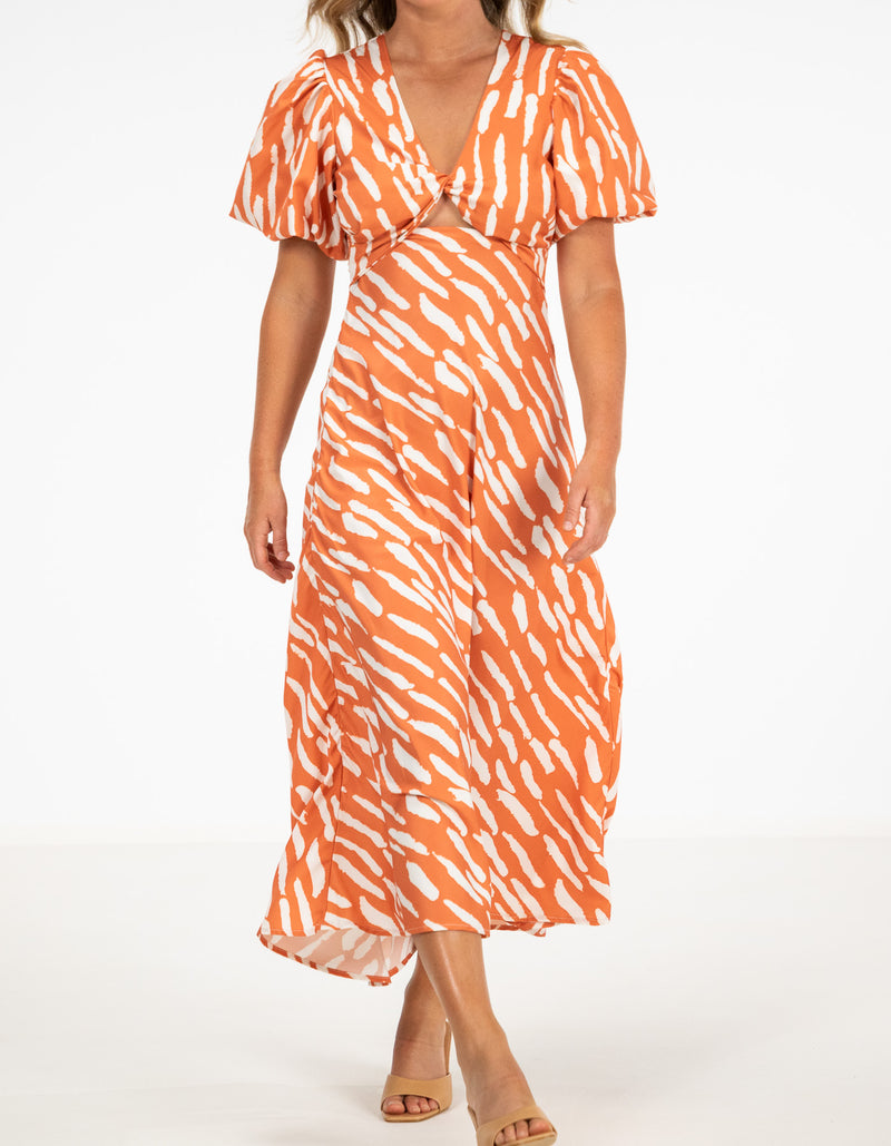 Gigi V-Neck Cut Out Midi Dress in Orange Print