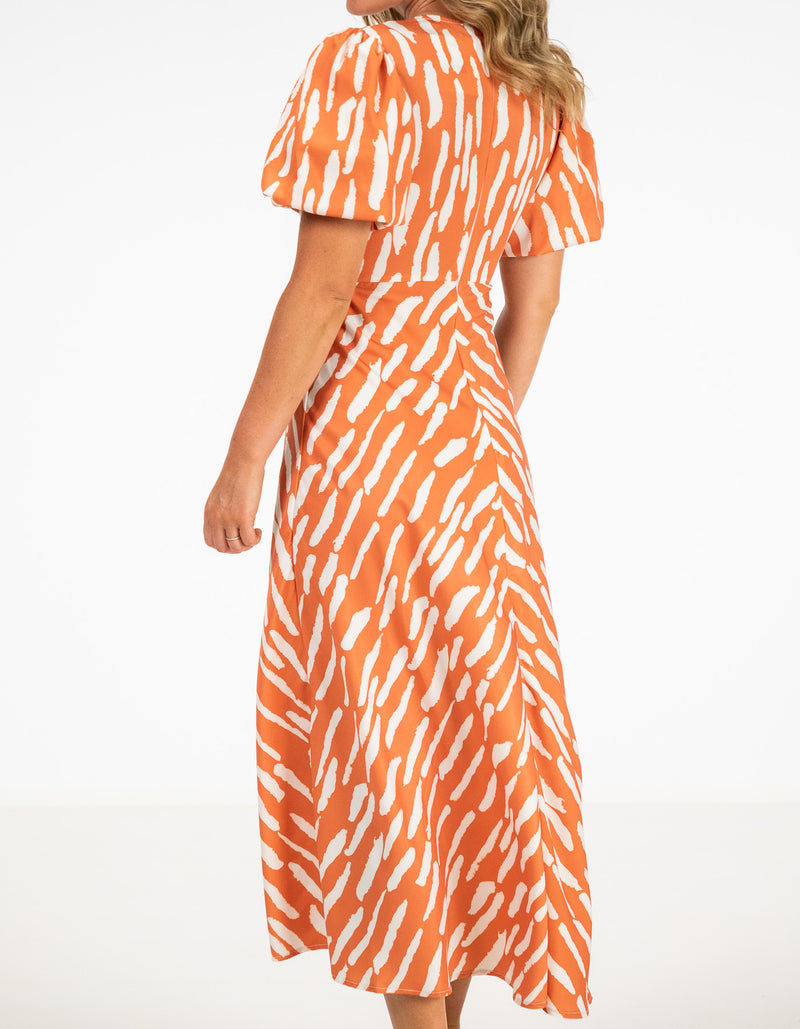 Gigi V-Neck Cut Out Midi Dress in Orange Print