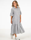 Murphy Oversize Button Front Midi Dress in Grey Stripe