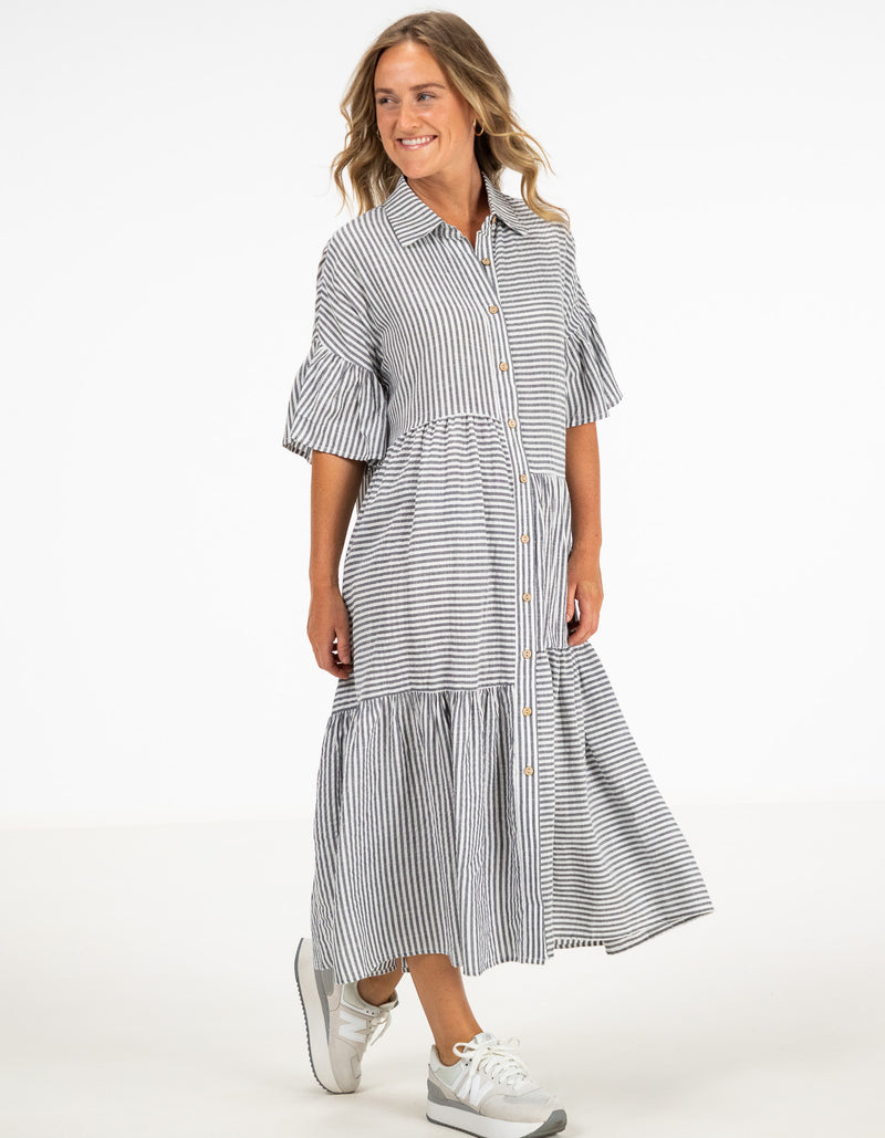Murphy Oversize Button Front Midi Dress in Grey Stripe