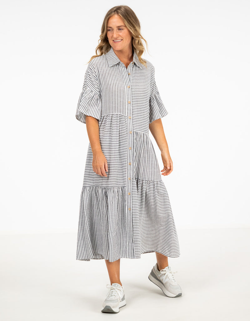 Murphy Oversize Button Front Midi Dress in Grey Stripe