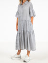 Murphy Oversize Button Front Midi Dress in Grey Stripe