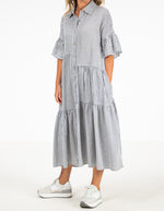 Murphy Oversize Button Front Midi Dress in Grey Stripe