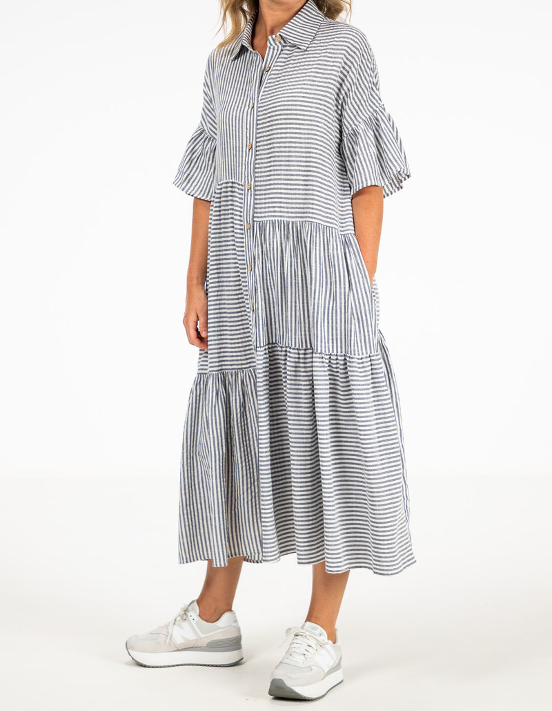 Murphy Oversize Button Front Midi Dress in Grey Stripe