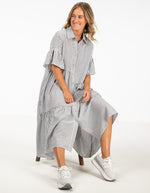 Murphy Oversize Button Front Midi Dress in Grey Stripe