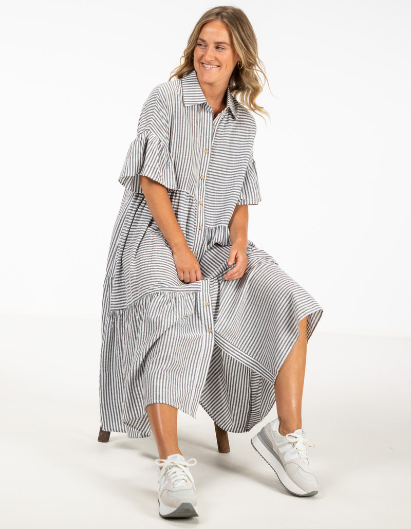 Murphy Oversize Button Front Midi Dress in Grey Stripe