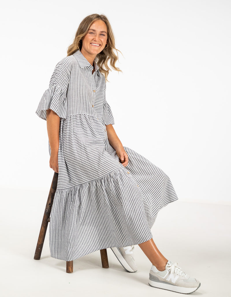 Murphy Oversize Button Front Midi Dress in Grey Stripe