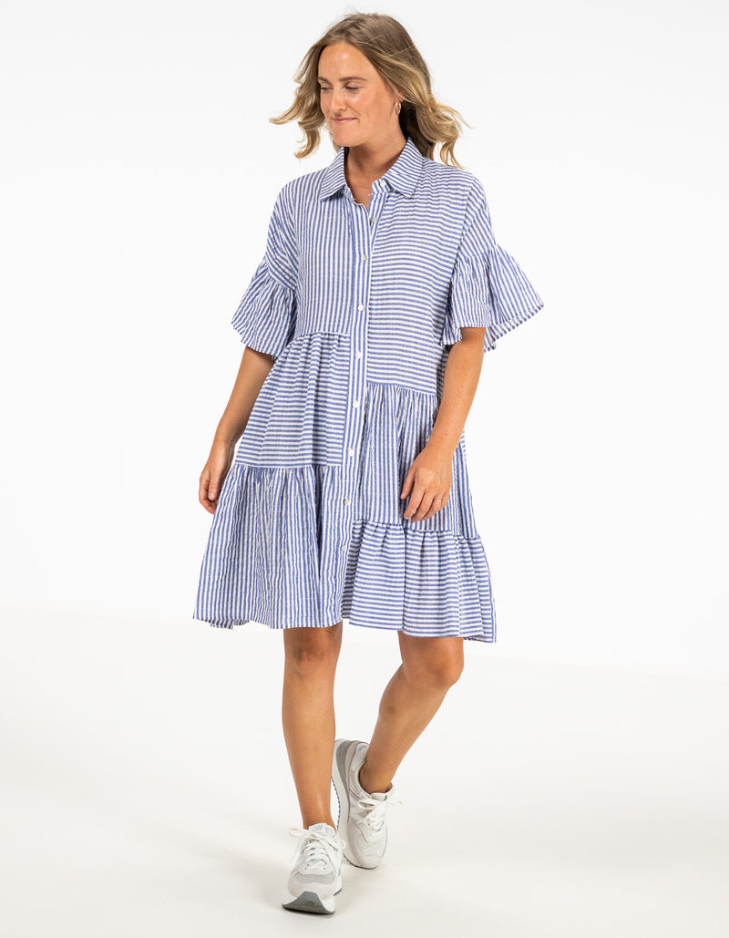 Whitney Oversize Button Front Dress in Blue Stripe