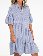 Whitney Oversize Button Front Dress in Blue Stripe
