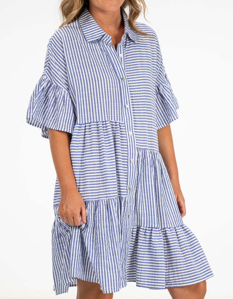 Whitney Oversize Button Front Dress in Blue Stripe