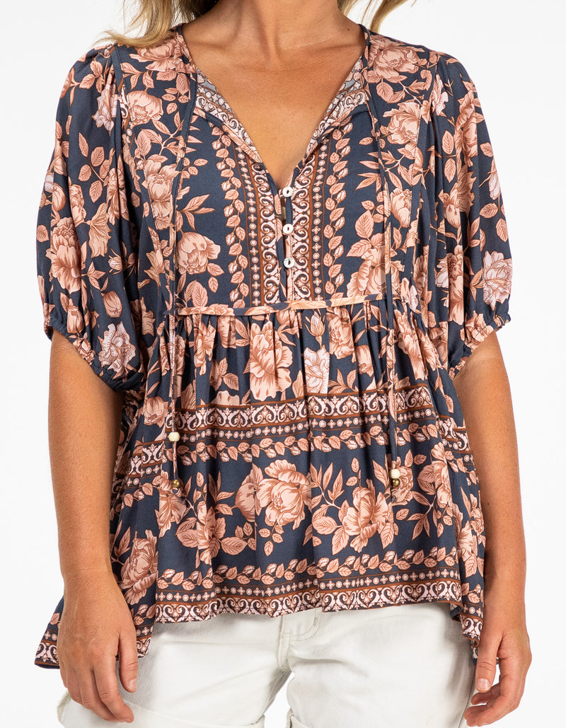 Raya V-Neck Top in Navy/Peach Floral