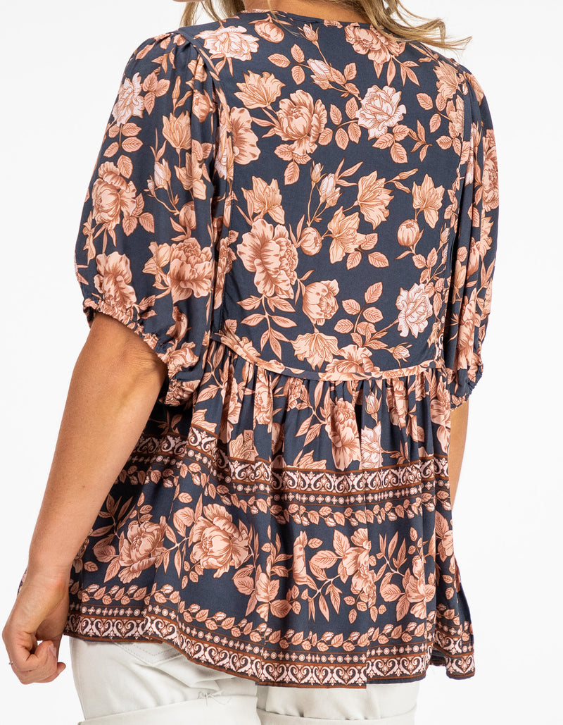 Raya V-Neck Top in Navy/Peach Floral
