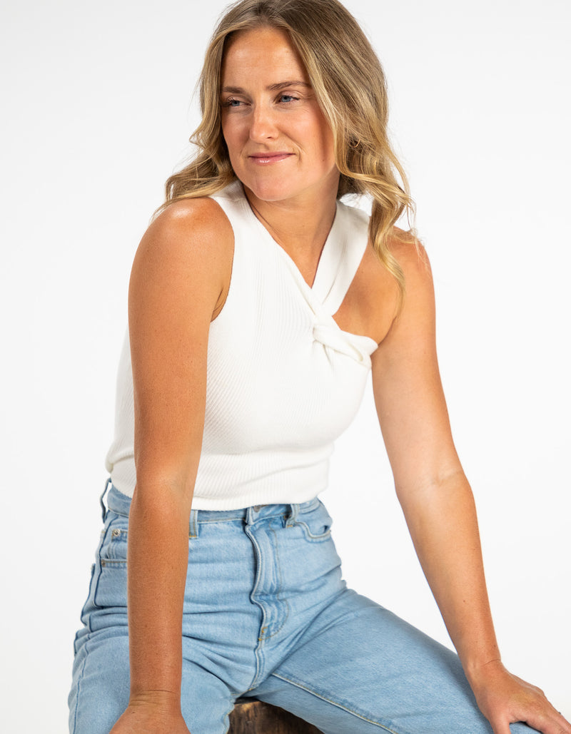 Ellis One Shoulder Twist Knit Top in White