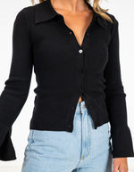 Finley Button Front Rib Knit Long Sleeve Top in Black