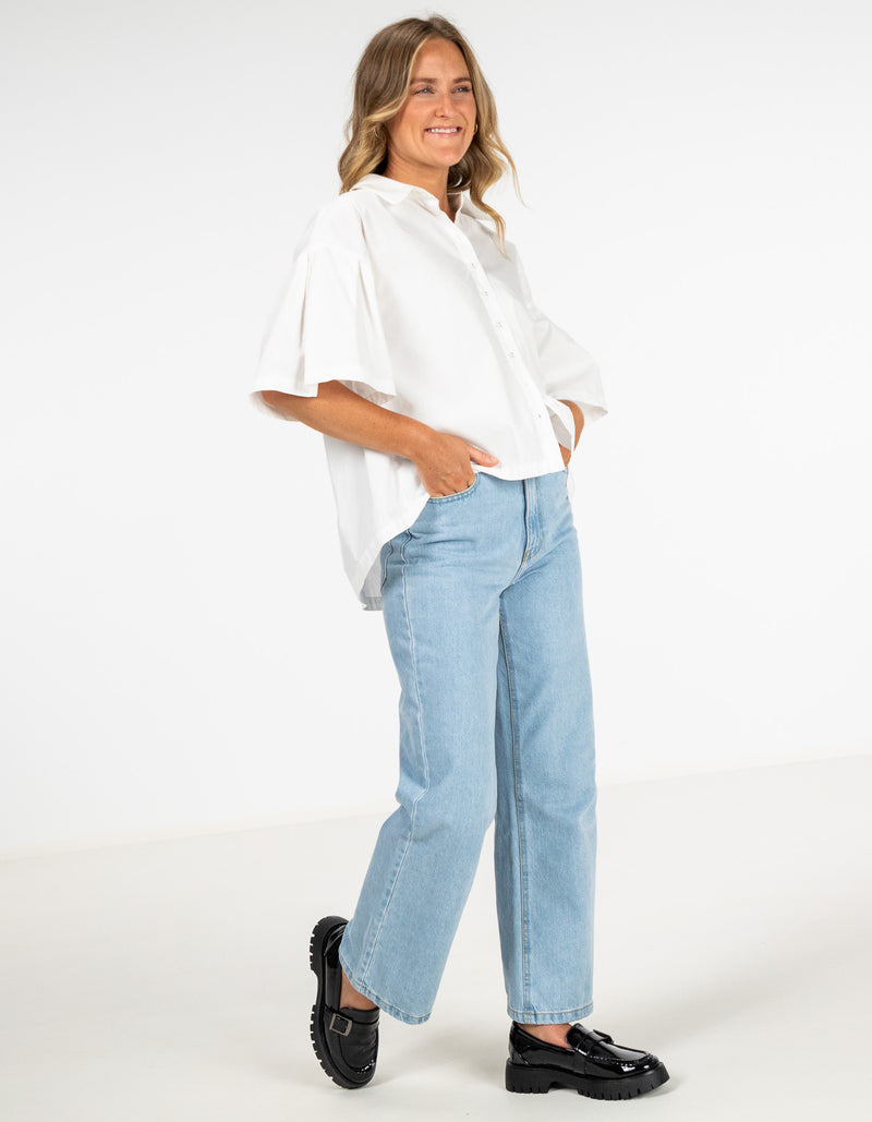 Cooper Button Front Collared Top in White Cotton