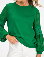 Teagan Long Sleeve Lace Sleeve Top in Emerald Green