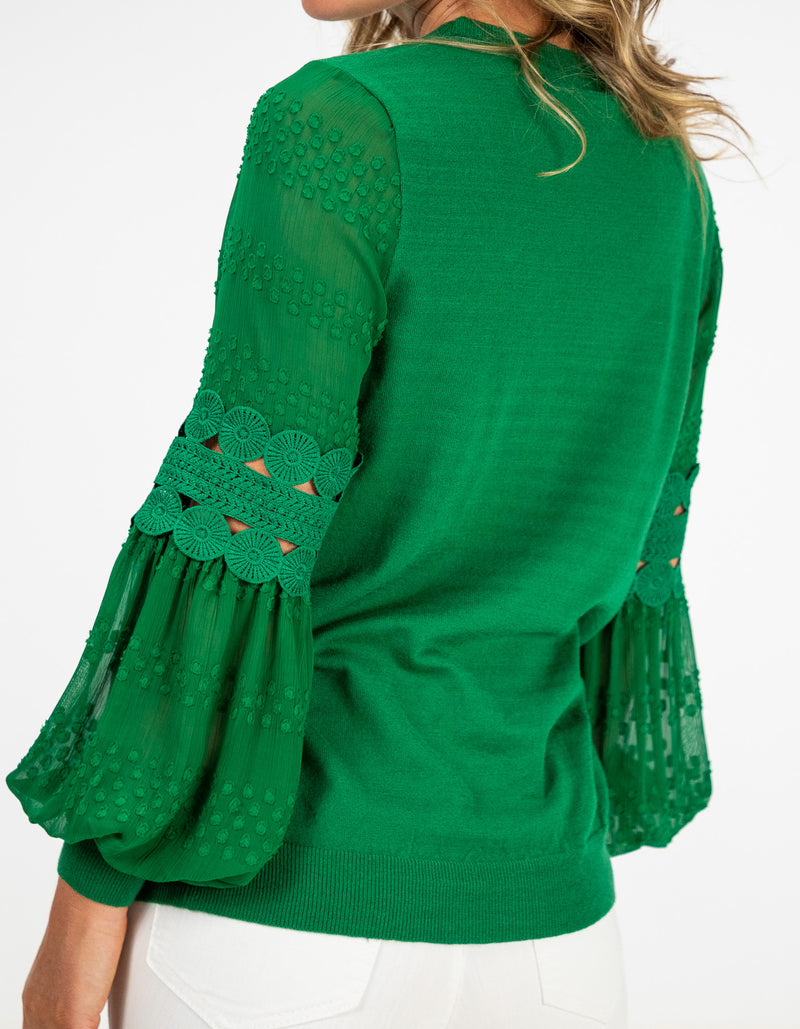 Teagan Long Sleeve Lace Sleeve Top in Emerald Green