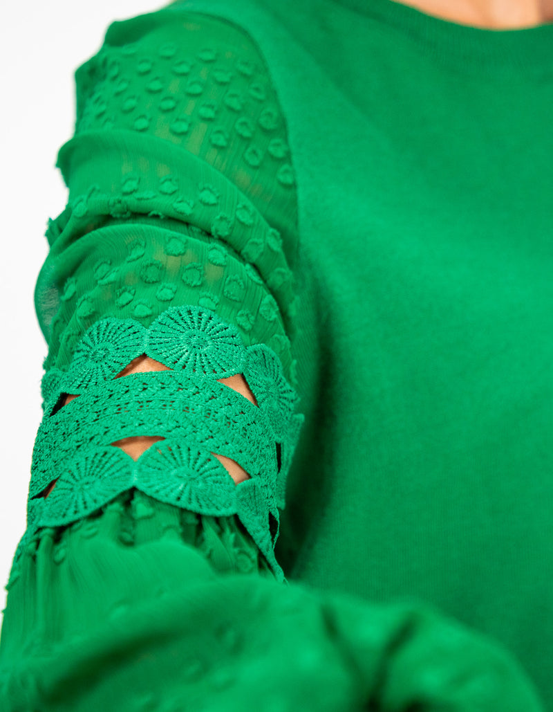 Teagan Long Sleeve Lace Sleeve Top in Emerald Green