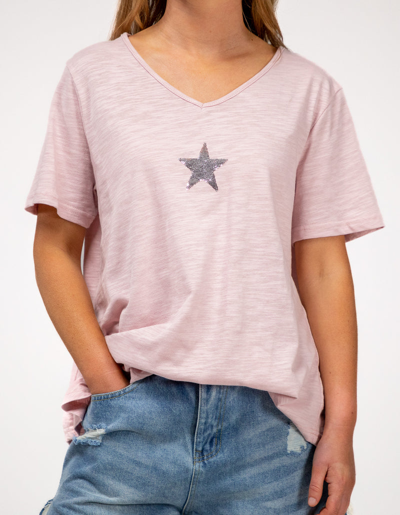 Ella V Neck Cotton Tee in Blush
