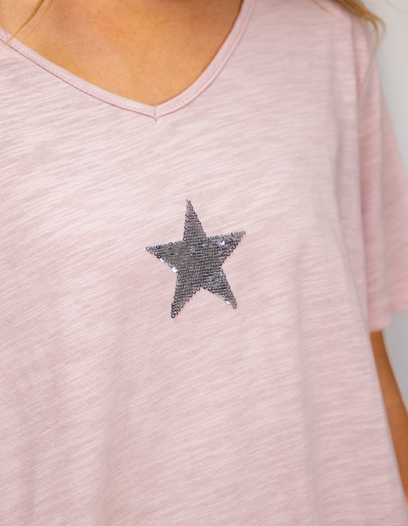 Ella V Neck Cotton Tee in Blush