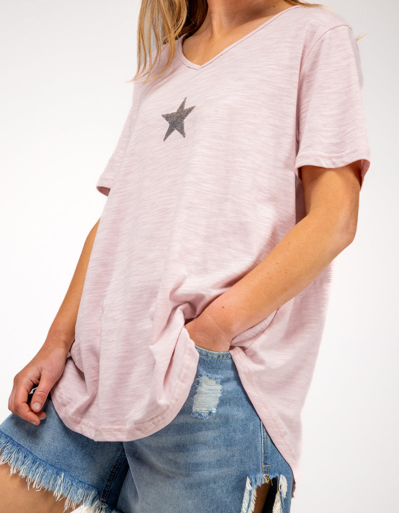 Ella V Neck Cotton Tee in Blush